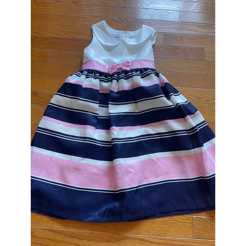 Jessica Ann Dress Girls Size 6 Satin Stripes Bowtie Collared Fit Flare Belted‎